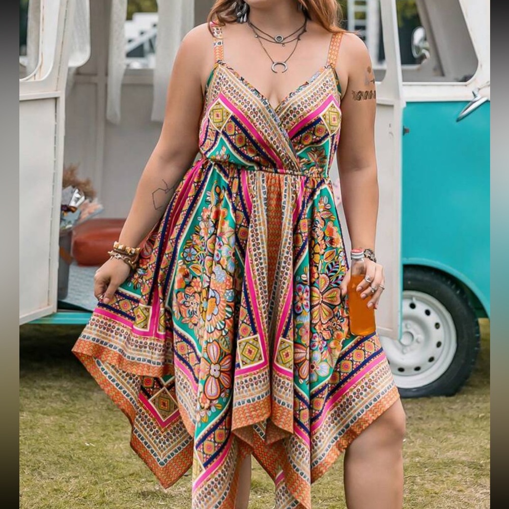 Boho Plus Size Scarf Print Asymmetrical Hi Low Hem Cami Dress Without Belt - Picture 1 of 8